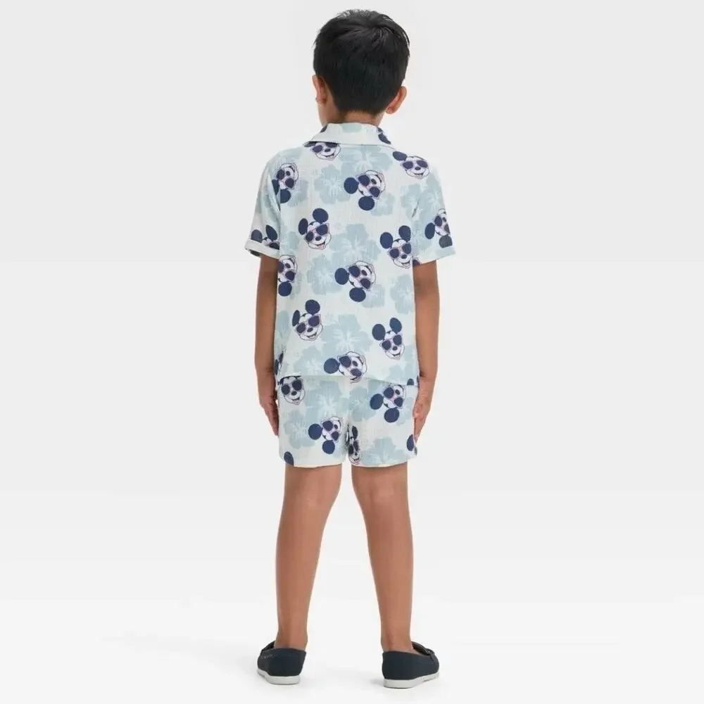Disney Toddler Boys' 2pc Mickey Mouse Woven Gauze Button-Up‎ Top & Shorts Set